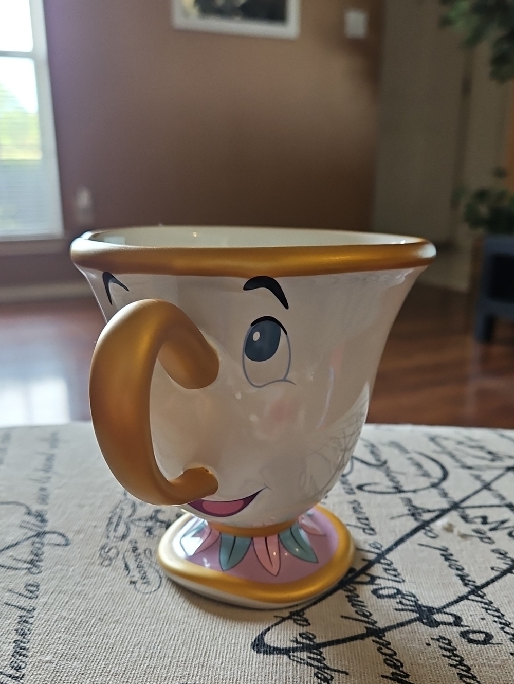Beauty And The Beast White Ceramic Mug with Gold Accent and Pink Teal Details